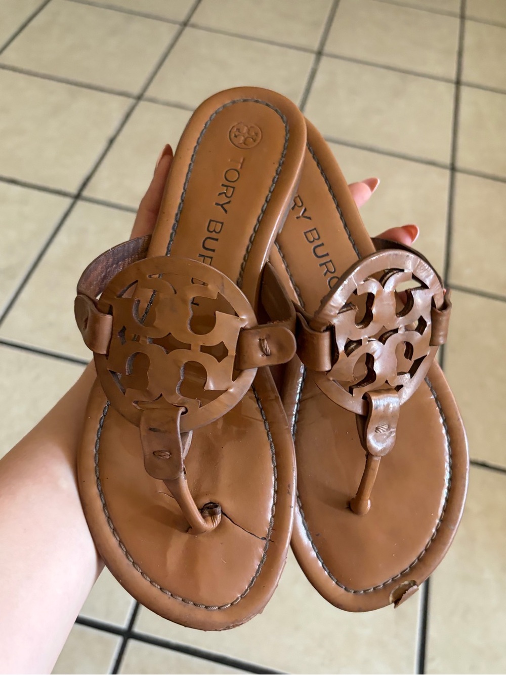 Tory Burch Tan Leather Miller Logo Sandals